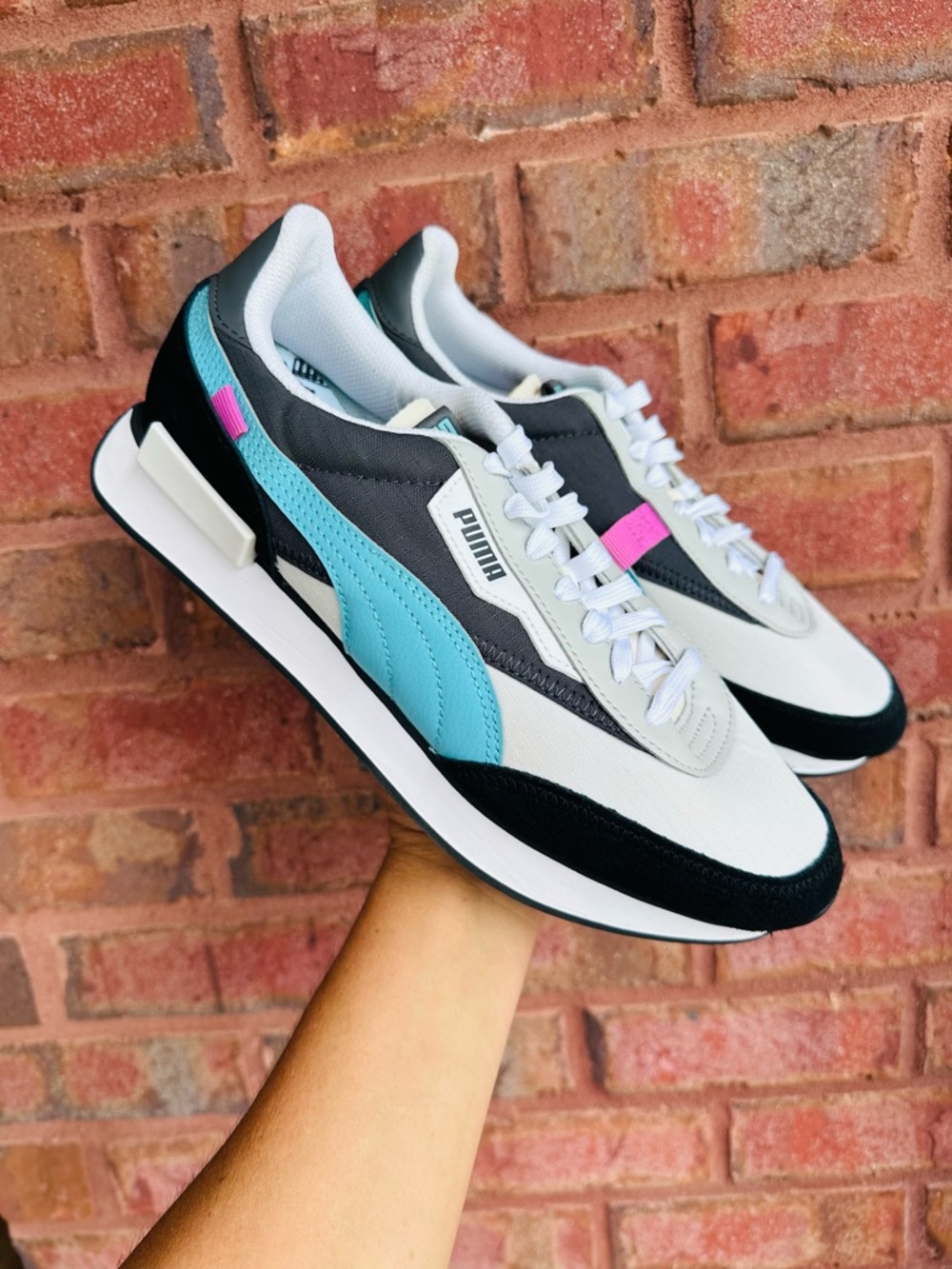 Puma White, Black & Teal Retro Runner with Pink Accent